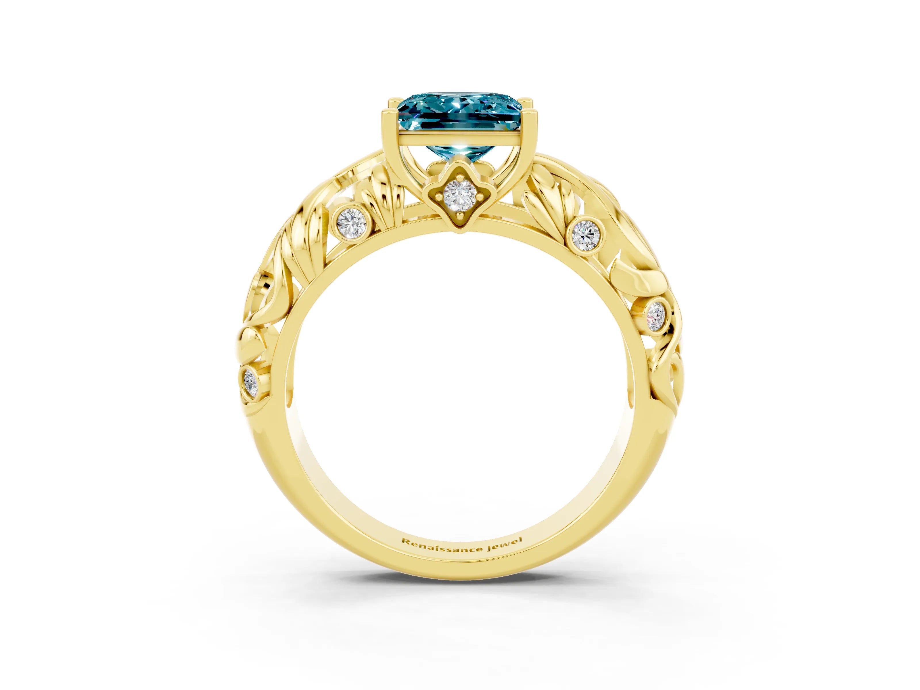 Yellow gold Princess Cut Solitaire Blue Topaz Leaf-Inspired Vine Band Ring with Prong Setting_3