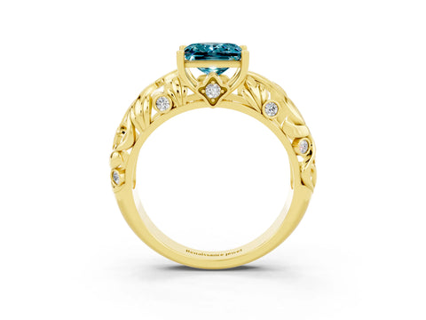 Yellow gold Princess Cut Solitaire Blue Topaz Leaf-Inspired Vine Band Ring with Prong Setting_3