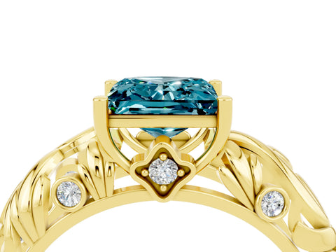 Yellow gold Princess Cut Solitaire Blue Topaz Leaf-Inspired Vine Band Ring with Prong Setting_4