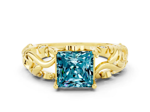 Yellow gold Princess Cut Solitaire Blue Topaz Leaf-Inspired Vine Band Ring with Prong Setting