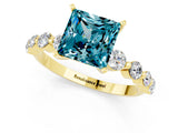 Yellow gold Princess Cut Solitaire Blue Topaz Ring with Pave Band and Four-Prong Setting_1