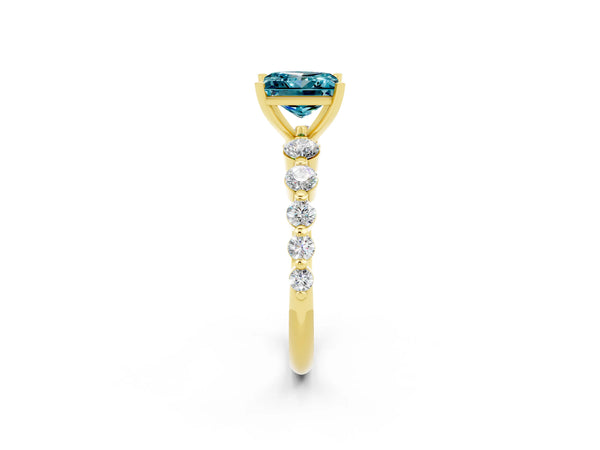 Yellow gold Princess Cut Solitaire Blue Topaz Ring with Pave Band and Four-Prong Setting