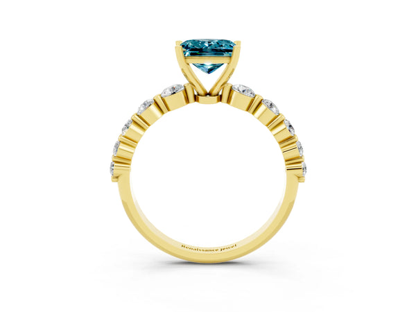 Yellow gold Princess Cut Solitaire Blue Topaz Ring with Pave Band and Four-Prong Setting