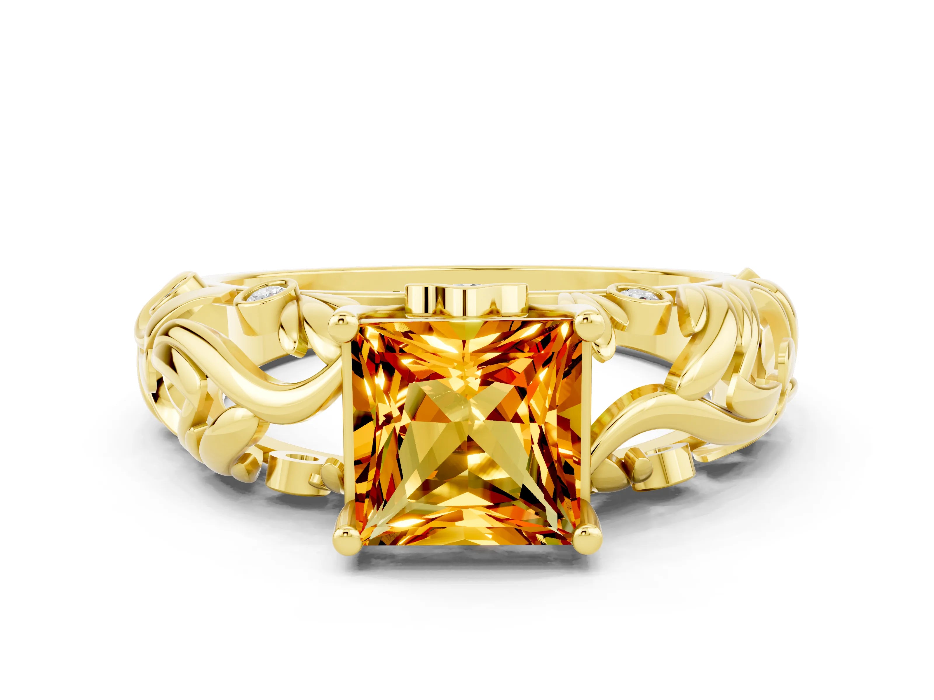 Yellow gold Princess Cut Solitaire Citrine Leaf-Inspired Vine Band Ring with Prong Setting
