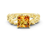 Yellow gold Princess Cut Solitaire Citrine Leaf-Inspired Vine Band Ring with Prong Setting