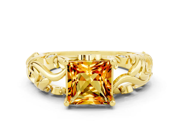 Yellow gold Princess Cut Solitaire Citrine Leaf-Inspired Vine Band Ring with Prong Setting