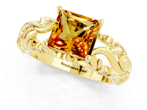 Yellow gold Princess Cut Solitaire Citrine Leaf-Inspired Vine Band Ring with Prong Setting_1