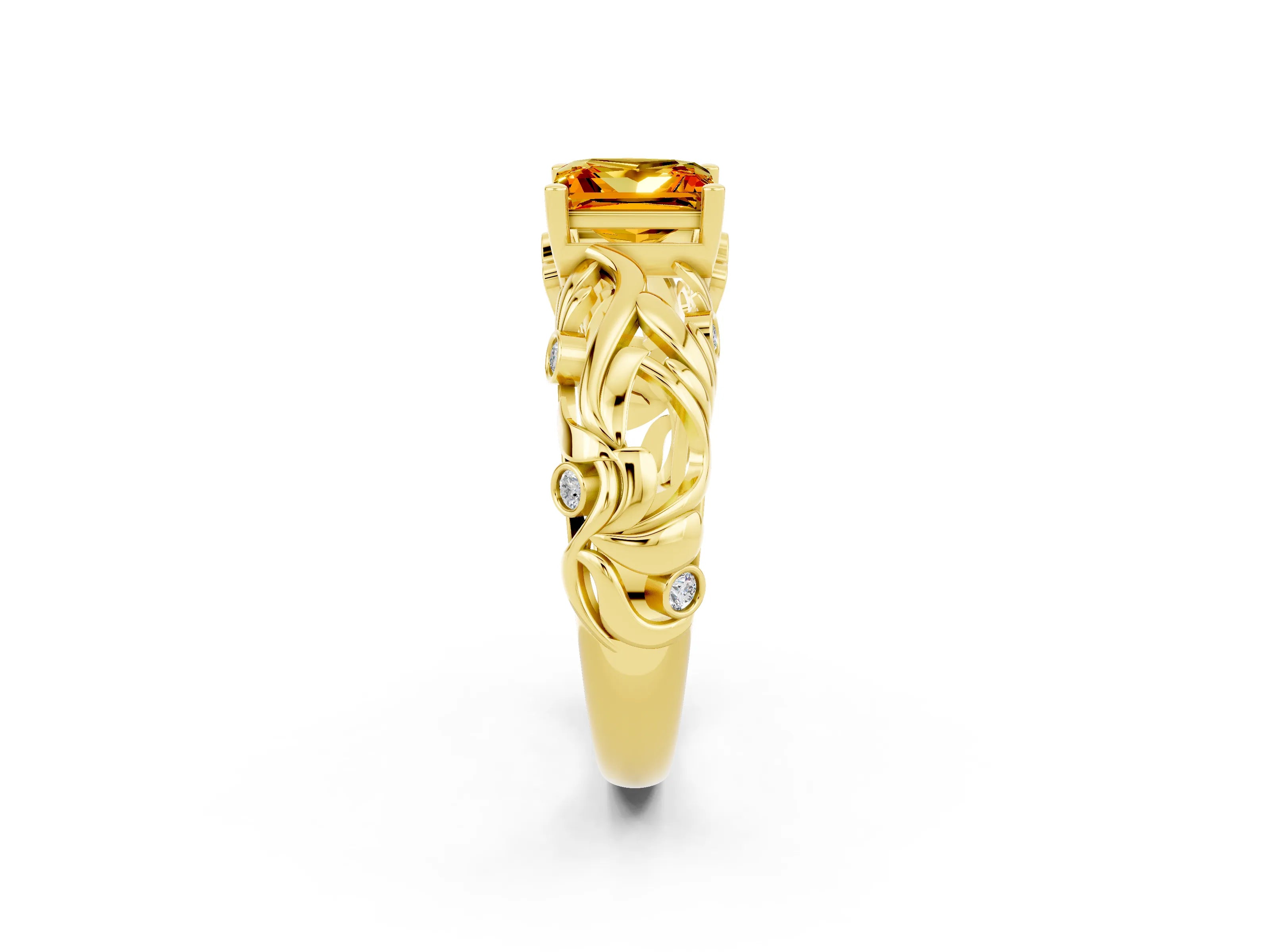 Yellow gold Princess Cut Solitaire Citrine Leaf-Inspired Vine Band Ring with Prong Setting_2