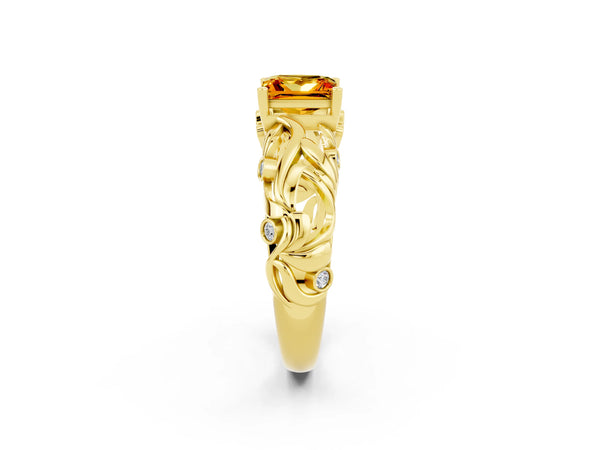 Yellow gold Princess Cut Solitaire Citrine Leaf-Inspired Vine Band Ring with Prong Setting