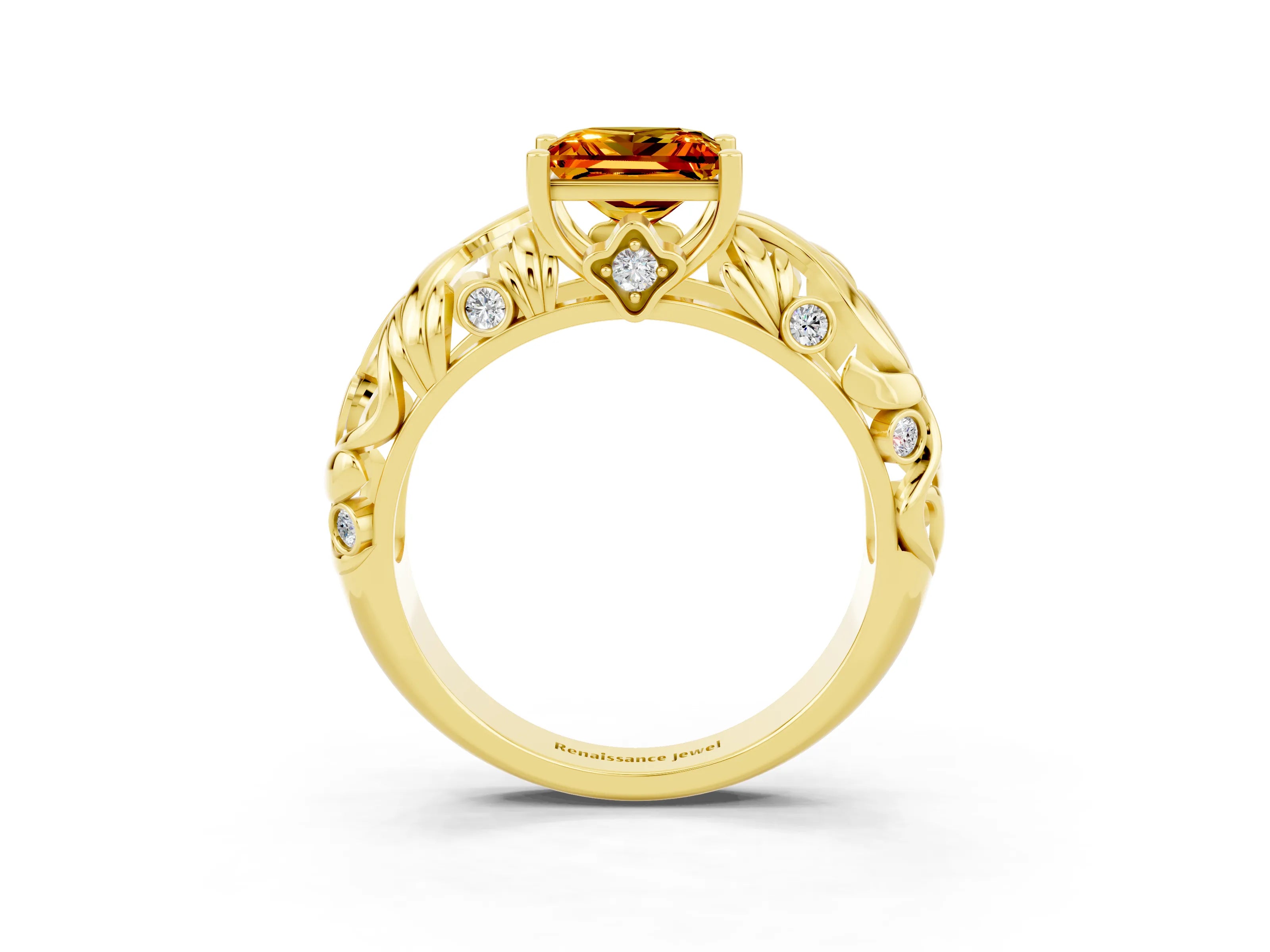 Yellow gold Princess Cut Solitaire Citrine Leaf-Inspired Vine Band Ring with Prong Setting_3