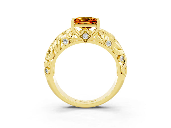 Yellow gold Princess Cut Solitaire Citrine Leaf-Inspired Vine Band Ring with Prong Setting