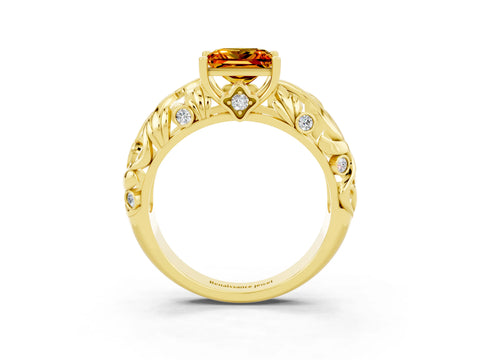 Yellow gold Princess Cut Solitaire Citrine Leaf-Inspired Vine Band Ring with Prong Setting_3