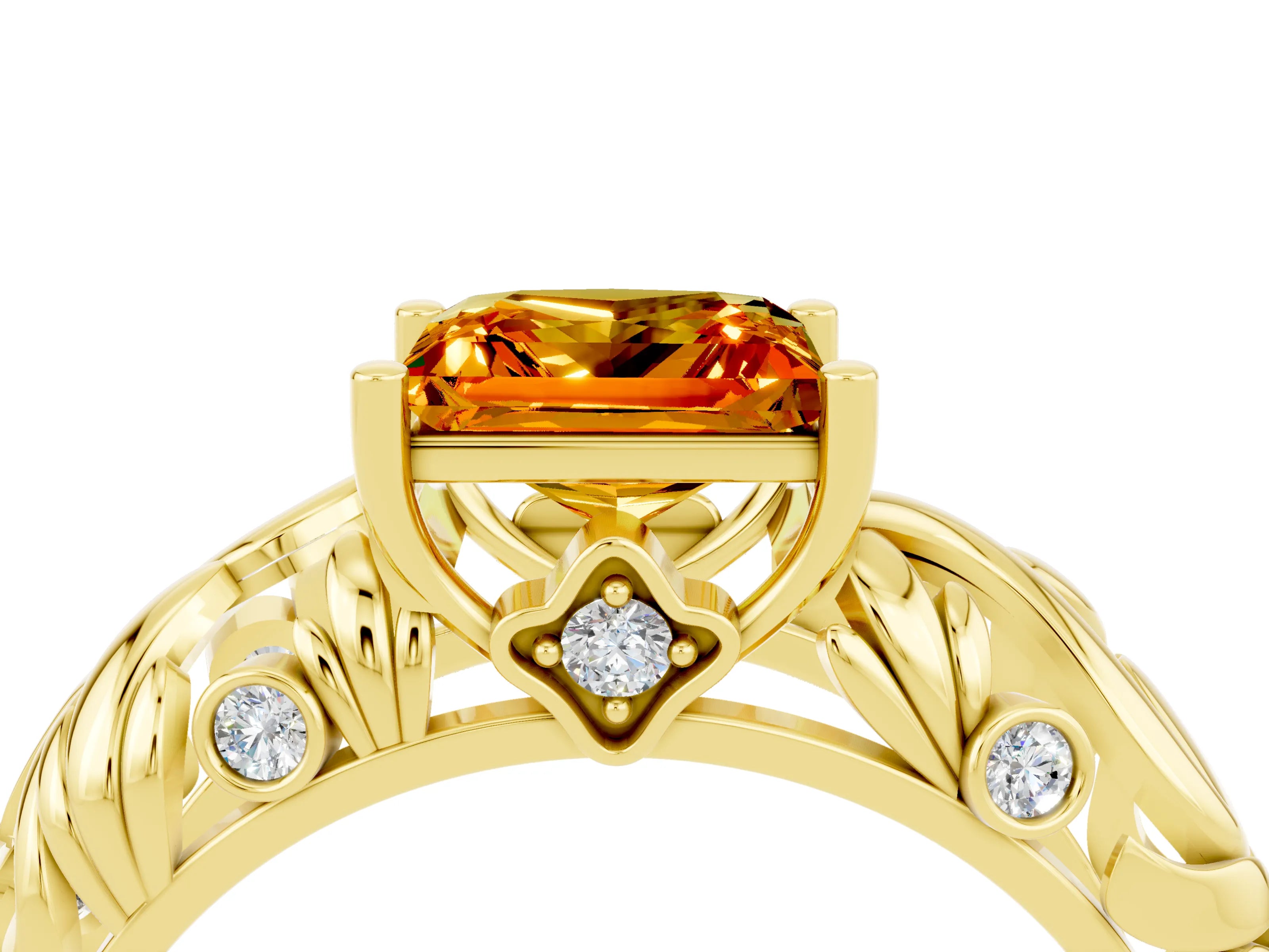 Yellow gold Princess Cut Solitaire Citrine Leaf-Inspired Vine Band Ring with Prong Setting_4