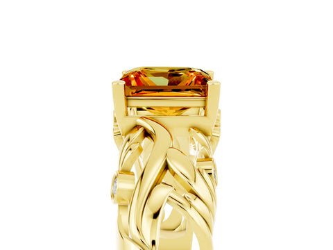 Yellow gold Princess Cut Solitaire Citrine Leaf-Inspired Vine Band Ring with Prong Setting_5