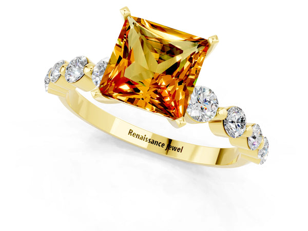 Yellow gold Princess Cut Solitaire Citrine Ring with Pave Band and Four-Prong Setting