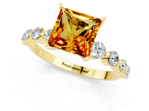 Yellow gold Princess Cut Solitaire Citrine Ring with Pave Band and Four-Prong Setting_1