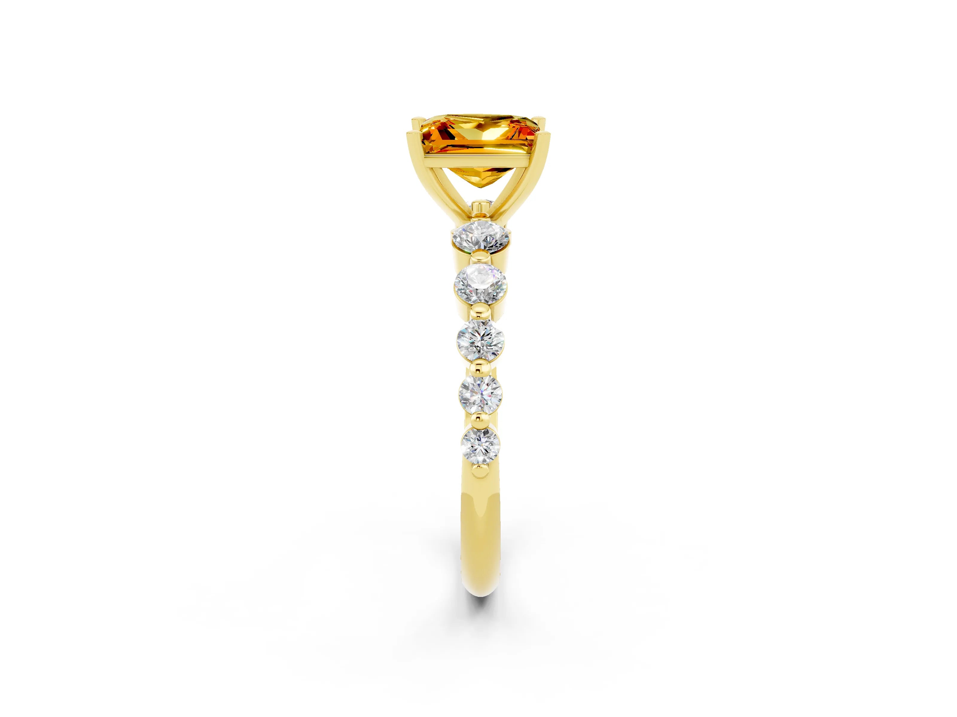 Yellow gold Princess Cut Solitaire Citrine Ring with Pave Band and Four-Prong Setting_2