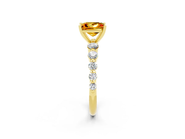 Yellow gold Princess Cut Solitaire Citrine Ring with Pave Band and Four-Prong Setting