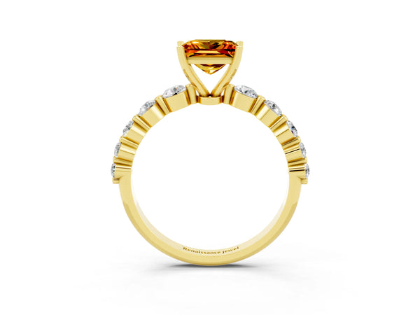 Yellow gold Princess Cut Solitaire Citrine Ring with Pave Band and Four-Prong Setting