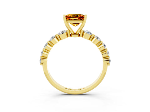 Yellow gold Princess Cut Solitaire Citrine Ring with Pave Band and Four-Prong Setting_3