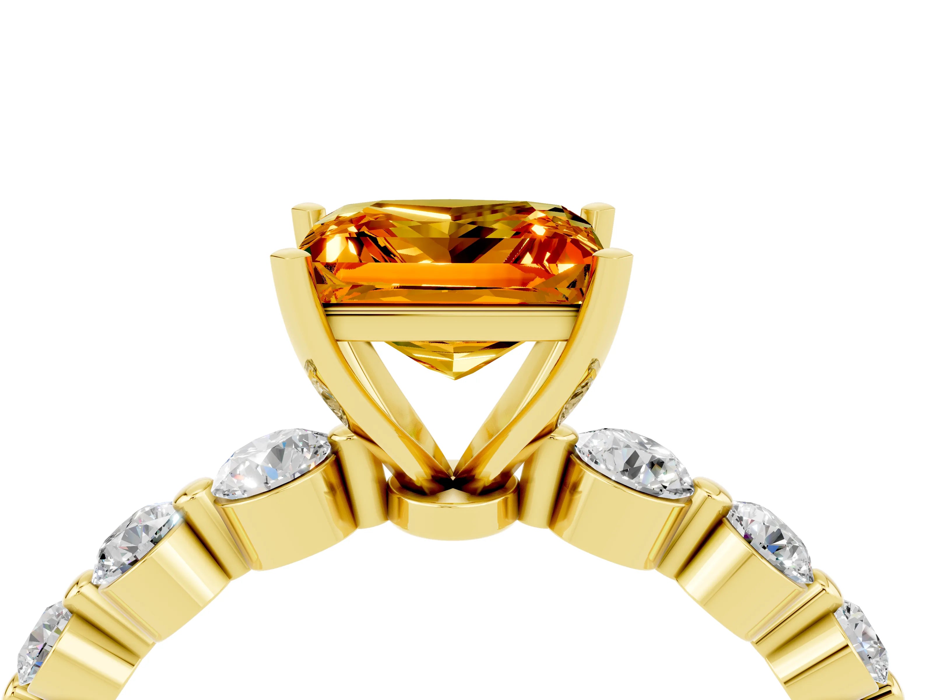 Yellow gold Princess Cut Solitaire Citrine Ring with Pave Band and Four-Prong Setting_4