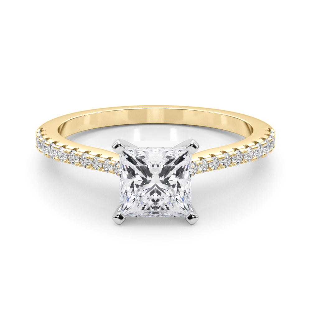 Yellow gold Princess Cut Solitaire Diamond Engagement Ring with Pave Band and Four-Prong Setting 1
