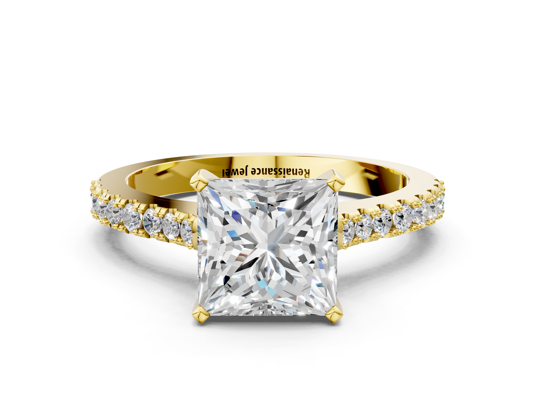 Yellow gold Princess Cut Solitaire Diamond Engagement Ring with Pave Band and Four-Prong Setting_171
