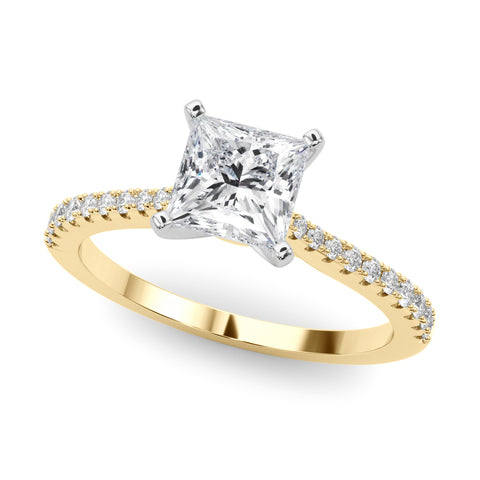 Yellow gold Princess Cut Solitaire Diamond Engagement Ring with Pave Band and Four-Prong Setting
