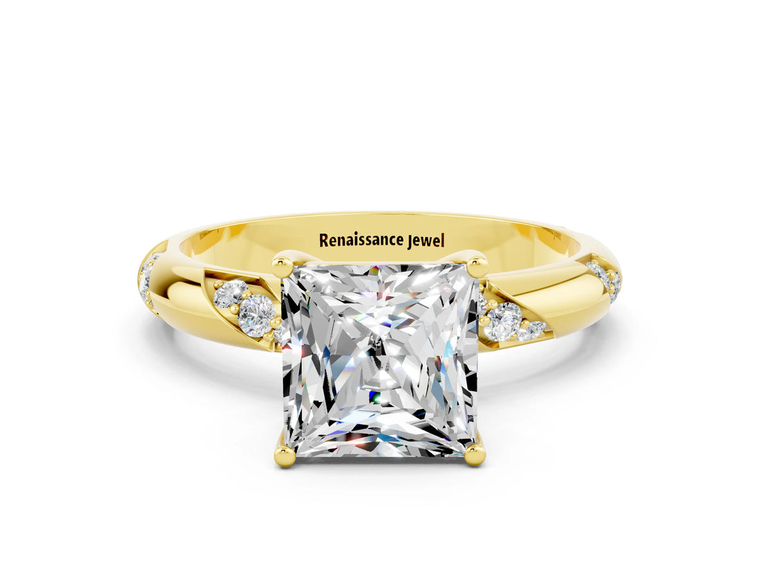 Yellow gold Princess Cut Solitaire Diamond Engagement Ring with Twisted Pave Band and Four-Prong Setting