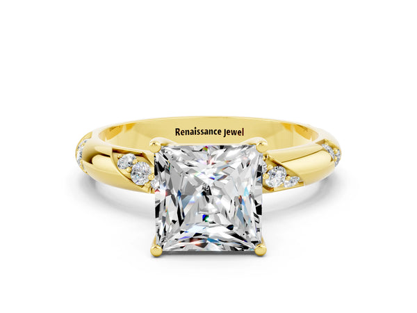 Yellow gold Princess Cut Moissanite Solitaire Engagement Ring with Twisted Round  Accent Band and Prong Setting