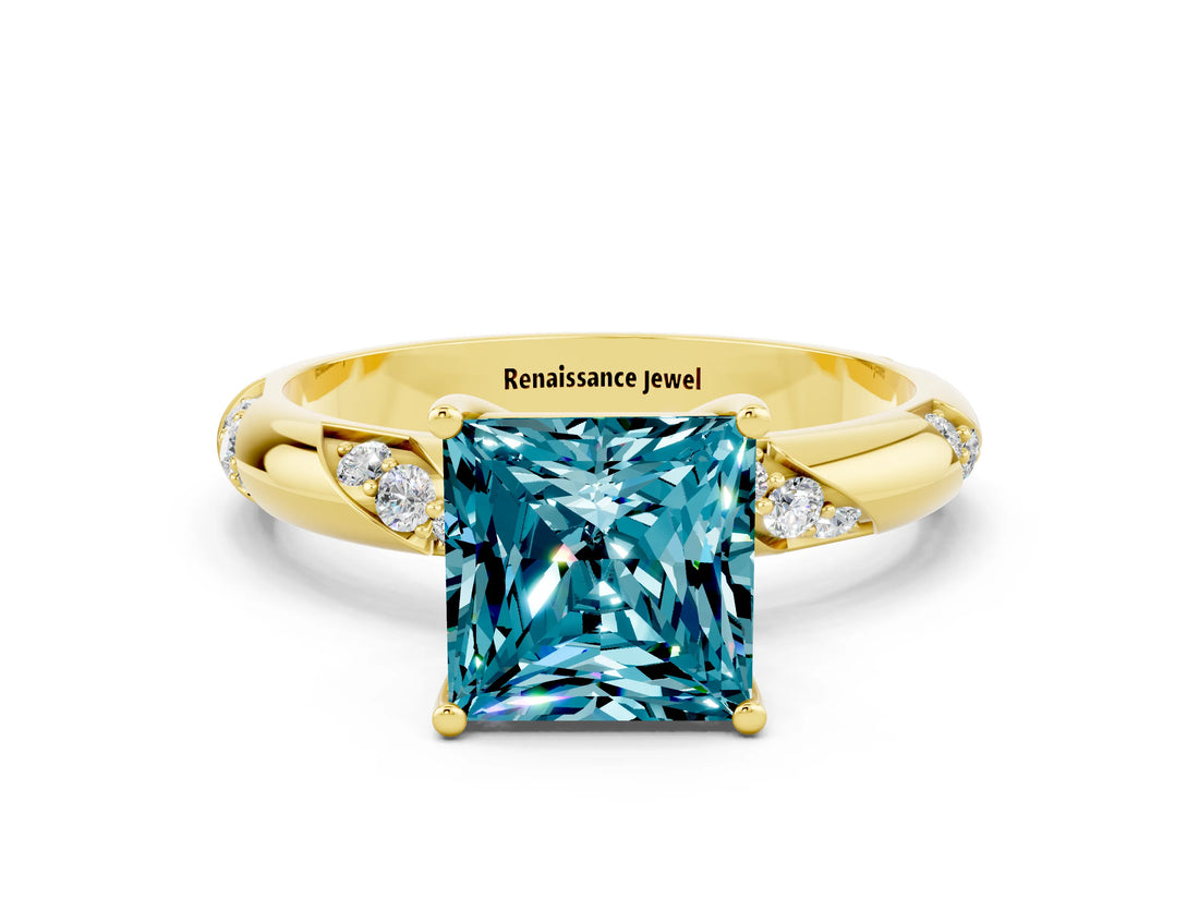 Yellow gold Princess Cut Solitaire Diamond Engagement Ring with Twisted Pave Band and Four-Prong Setting