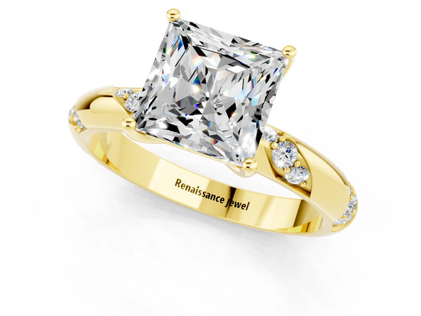 Yellow gold Princess Cut Moissanite Solitaire Engagement Ring with Twisted Round  Accent Band and Prong Setting
