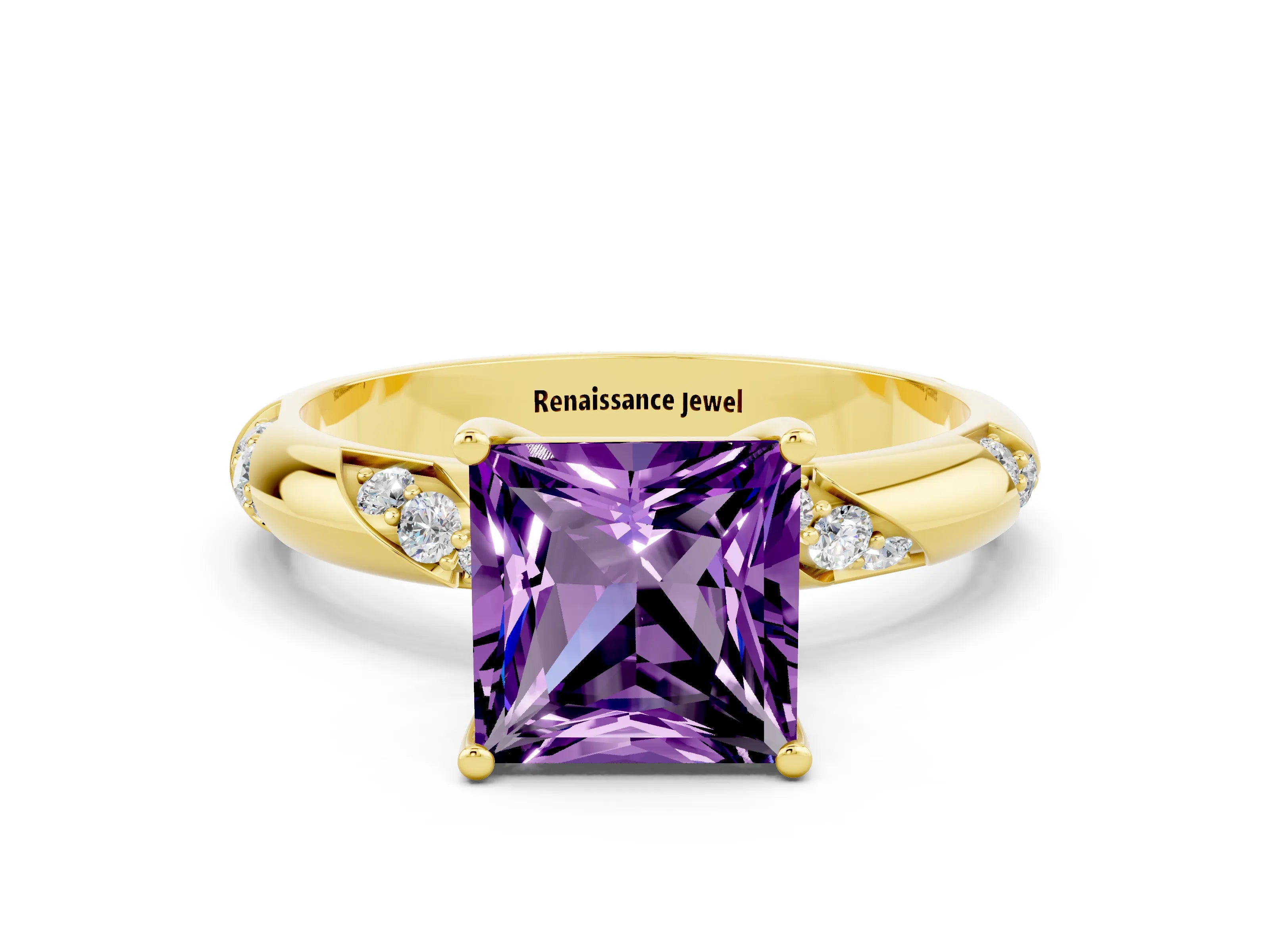 Yellow gold Princess Cut Solitaire Diamond Engagement Ring with Twisted Pave Band and Four-Prong Setting