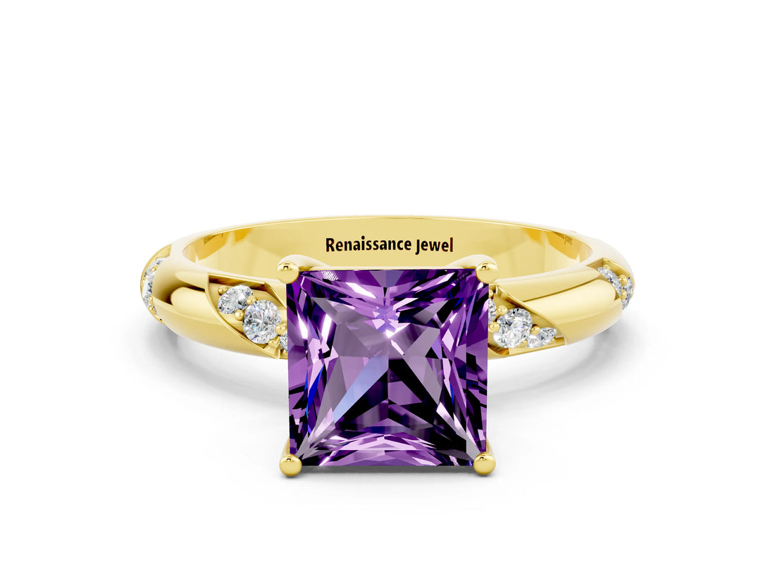 Yellow gold Princess Cut Solitaire Diamond Engagement Ring with Twisted Pave Band and Four-Prong Setting