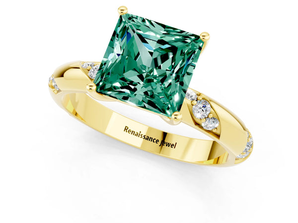 Yellow gold Princess Cut Green Sapphire Solitaire Engagement Ring with Twisted Round  Accent Band and Prong Setting