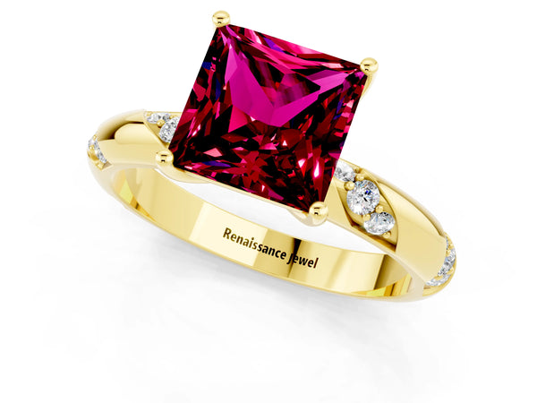 Yellow gold Princess Cut Garnet Solitaire Engagement Ring with Twisted Round  Accent Band and Prong Setting