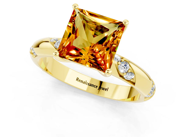Yellow gold Princess Cut Citrine Solitaire Engagement Ring with Twisted Round  Accent Band and Prong Setting