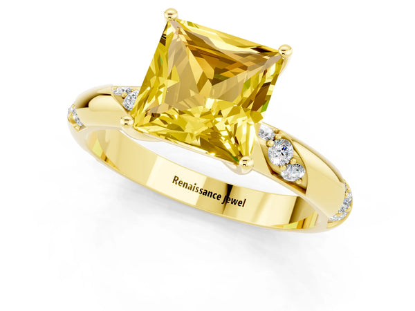 Yellow gold Princess Cut Yellow Sapphire Solitaire Engagement Ring with Twisted Round  Accent Band and Prong Setting