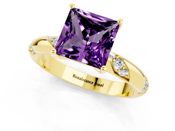 Yellow gold Princess Cut Amethyst Solitaire Engagement Ring with Twisted Round  Accent Band and Prong Setting