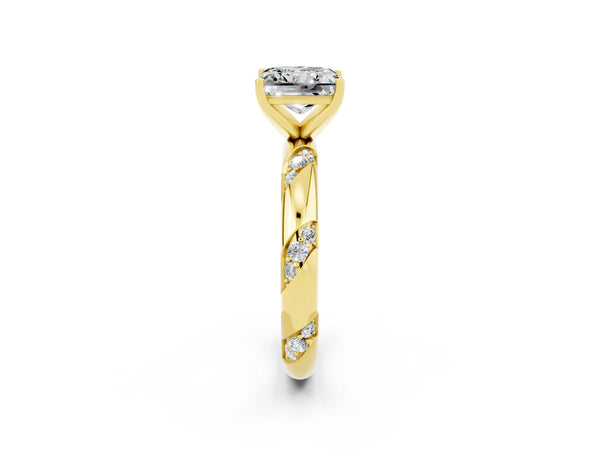 Yellow gold Princess Cut Moissanite Solitaire Engagement Ring with Twisted Round  Accent Band and Prong Setting