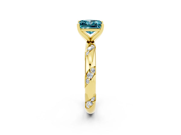 Yellow gold Princess Cut Solitaire Diamond Engagement Ring with Twisted Pave Band and Four-Prong Setting