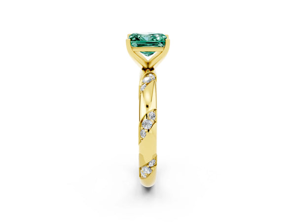 Yellow gold Princess Cut Green Sapphire Solitaire Engagement Ring with Twisted Round  Accent Band and Prong Setting