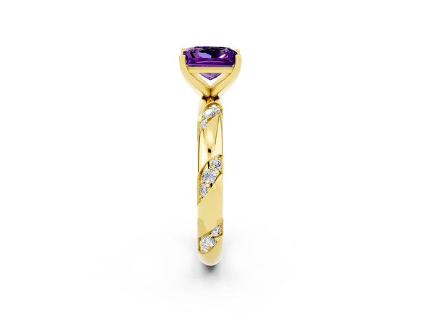 Yellow gold Princess Cut Amethyst Solitaire Engagement Ring with Twisted Round  Accent Band and Prong Setting