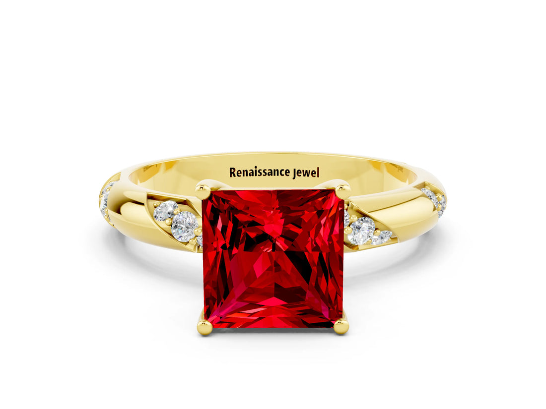 Yellow gold Princess Cut Solitaire Diamond Engagement Ring with Twisted Pave Band and Four-Prong Setting