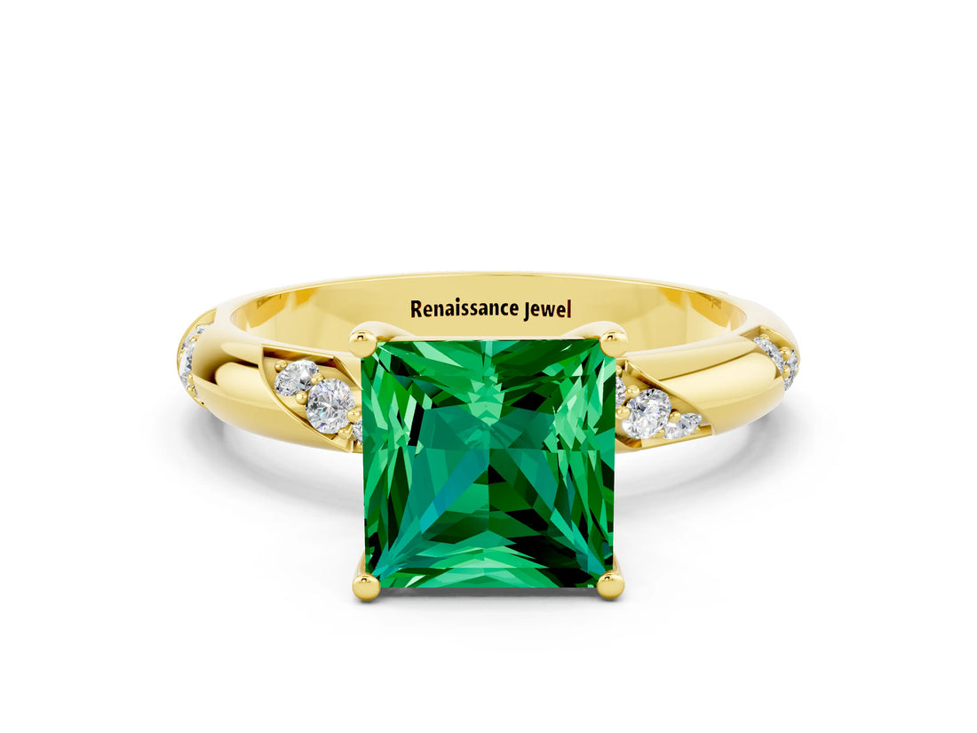 Yellow gold Princess Cut Solitaire Diamond Engagement Ring with Twisted Pave Band and Four-Prong Setting