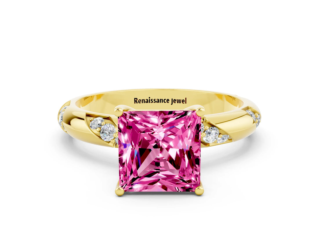 Yellow gold Princess Cut Solitaire Diamond Engagement Ring with Twisted Pave Band and Four-Prong Setting