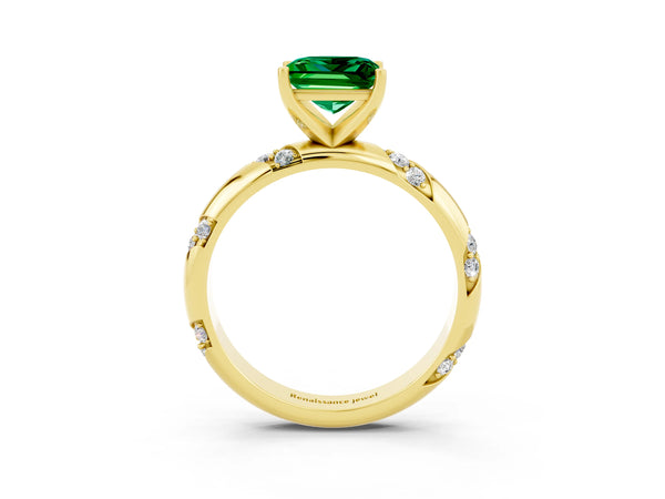 Yellow gold Princess Cut Emerald Solitaire Engagement Ring with Twisted Round  Accent Band and Prong Setting