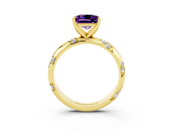 Yellow gold Princess Cut Amethyst Solitaire Engagement Ring with Twisted Round  Accent Band and Prong Setting