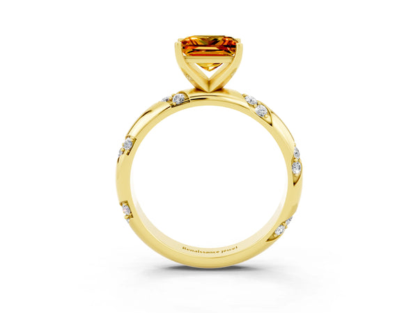 Yellow gold Princess Cut Citrine Solitaire Engagement Ring with Twisted Round  Accent Band and Prong Setting