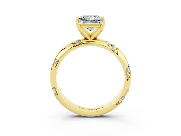 Yellow gold Princess Cut Moissanite Solitaire Engagement Ring with Twisted Round  Accent Band and Prong Setting